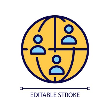 Küresel nüfus pikseli mükemmel RGB renk simgesi. Uluslararası ilişkiler. Dünya çapında bağlantı. İzole vektör çizimi. Basit bir çizgi çizimi. Düzenlenebilir felç. Kullanılan Arial yazı tipi