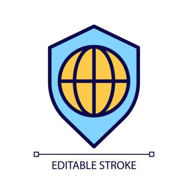 Küresel güvenlik pikseli mükemmel RGB renk simgesi. Uluslararası güvenlik servisi. Dünya koruması. İzole vektör çizimi. Basit bir çizgi çizimi. Düzenlenebilir felç. Kullanılan Arial yazı tipi