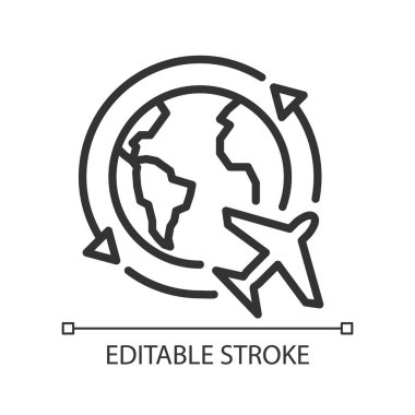 Dünya etrafında dolaşmak piksel mükemmel doğrusal simge. Uçak uçuşu. Uluslararası havayolu şirketi. İnce çizgili çizim. Contour sembolü. Vektör çizimi. Düzenlenebilir felç. Kullanılan Arial yazı tipi