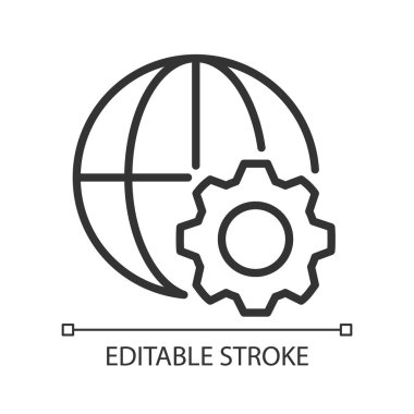 Küreselleşme süreci pikseli mükemmel doğrusal simge. Uluslararası bütünlük. Dünya iş ilişkileri. İnce çizgili çizim. Contour sembolü. Vektör çizimi. Düzenlenebilir felç. Kullanılan Arial yazı tipi