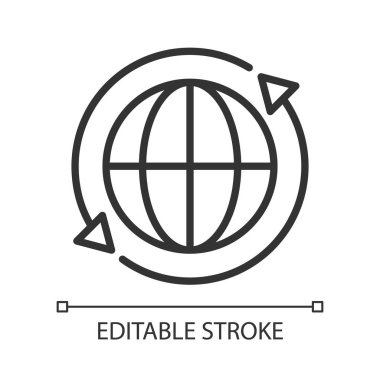 Uluslararası değişim piksel mükemmel doğrusal simge. Dünya çapında finansal etkileşim. Para transferi. İnce çizgili çizim. Contour sembolü. Vektör çizimi. Düzenlenebilir felç. Kullanılan Arial yazı tipi