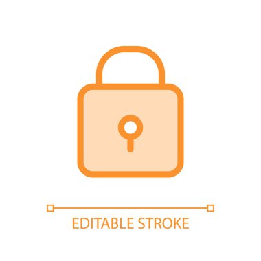 Asma kilit pikseli mükemmel cam morfizm ui simgesi. Korunma. Siber güvenlik. Şeffaflıkla doldurulmuş renk çizgisi ögesi. Cam morfizm tarzında bir vektör çizimi. Düzenlenebilir felç. Kullanılan Arial yazı tipi