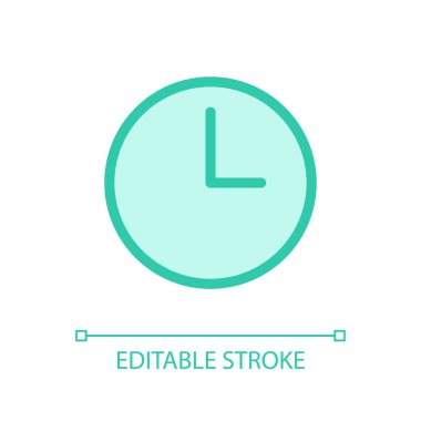 Saat pikseli mükemmel cam morfizmi ui ikonu. Alarmı kur. İzleme zamanı. Şeffaflıkla doldurulmuş renk çizgisi ögesi. Cam morfizm tarzında bir vektör çizimi. Düzenlenebilir felç. Kullanılan Arial yazı tipi