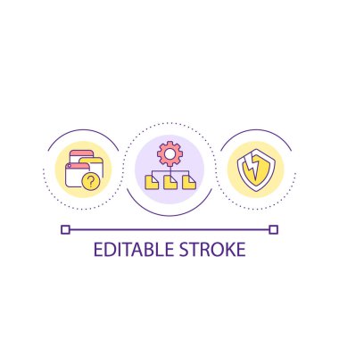 Dijital bilgi yönetimi döngü konsepti simgesi. Zayıf siber güvenlik. Bozuk dosyalar soyut fikir ince çizgi çizimi. İzole bir taslak çizim. Düzenlenebilir felç. Kullanılan Arial yazı tipi