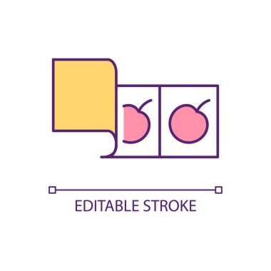 Tahmin oyunu RGB renk simgesi. İki kirazlı çıkartma. Merakımı uyandırıyor. Bulmaca çözme. İzole vektör çizimi. Basit bir çizgi çizimi. Düzenlenebilir felç. Kullanılan Arial yazı tipi