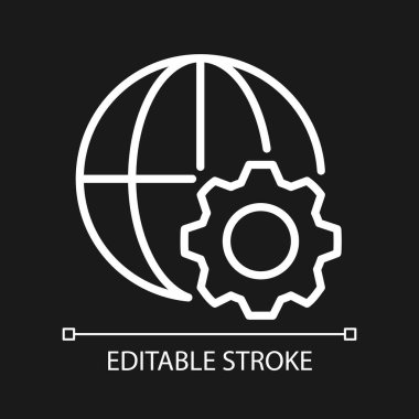 Küreselleşme süreci piksel koyu tema için mükemmel beyaz doğrusal simge. Uluslararası ekonomi entegrasyonu. İnce çizgili çizim. Gece modu için izole edilmiş sembol. Düzenlenebilir felç. Kullanılan Arial yazı tipi