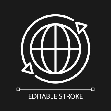 Uluslararası değişim pikseli koyu tema için mükemmel beyaz doğrusal simge. Dünya çapında finansal etkileşim. İnce çizgili çizim. Gece modu için izole edilmiş sembol. Düzenlenebilir felç. Kullanılan Arial yazı tipi