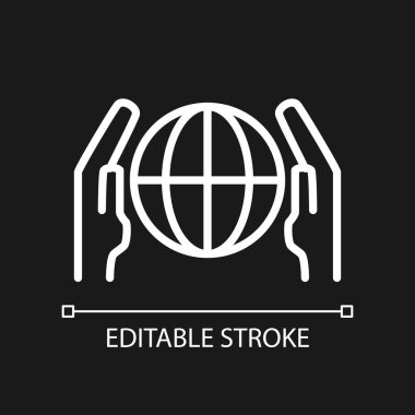 Karanlık tema için ağ iletişim pikseli mükemmel beyaz doğrusal simge. Uluslararası bağlantı. İnce çizgili çizim. Gece modu için izole edilmiş sembol. Düzenlenebilir felç. Kullanılan Arial yazı tipi