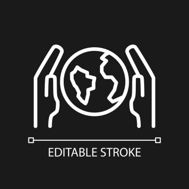 Dünya pikselini koyu tema için mükemmel beyaz doğrusal simge olarak kaydet. Gezegen koruması. Çevre koruma. İnce çizgili çizim. Gece modu için izole edilmiş sembol. Düzenlenebilir felç. Kullanılan Arial yazı tipi