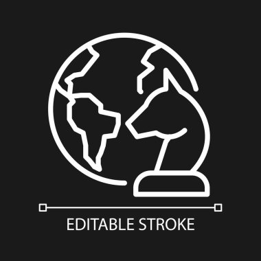 Jeopolitik piksel koyu tema için mükemmel beyaz doğrusal simge. Uluslararası yönetim. Küresel diplomasi. İnce çizgili çizim. Gece modu için izole edilmiş sembol. Düzenlenebilir felç. Kullanılan Arial yazı tipi