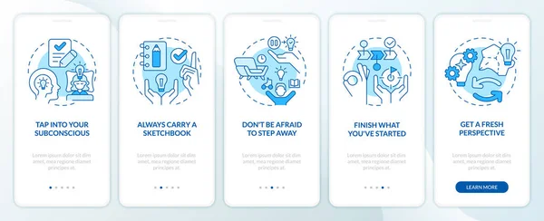 Remove Barriers Inspiration Tips Blue Onboarding Mobile App Screen Walkthrough — Stock Vector