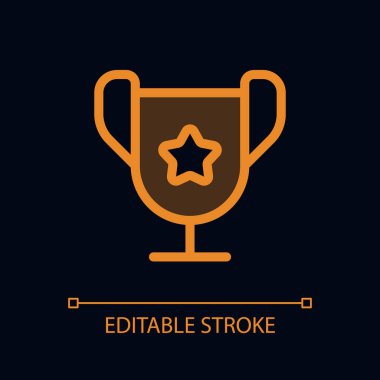 Kupa pikseli koyu renk tema için mükemmel bir cam morfizm. Öğrenci ödülü. Şeffaflıkla doldurulmuş renk çizgisi ögesi. Gece modu için izole vektör piktogramı. Düzenlenebilir felç. Kullanılan Arial yazı tipi