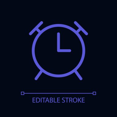 Alarm saat pikseli koyu renk tema için mükemmel cam morfizmi. Uyan! Uyan! Şeffaflıkla doldurulmuş renk çizgisi ögesi. Gece modu için izole vektör piktogramı. Düzenlenebilir felç. Kullanılan Arial yazı tipi