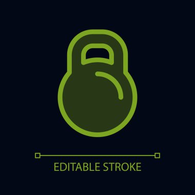 Kettlebell pikseli koyu renk tema için mükemmel cam morfizmi. Spor malzemeleri mağazası. Şeffaflıkla doldurulmuş renk çizgisi ögesi. Gece modu için izole vektör piktogramı. Düzenlenebilir felç. Kullanılan Arial yazı tipi