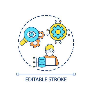 Veritabanı ana kavram simgesi. Dijital sistem yönetimi. Bilgi depolama optimizasyonu soyut fikir ince çizgi çizimi. İzole bir taslak çizim. Düzenlenebilir felç. Kullanılan Arial yazı tipi