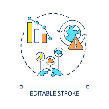 Biyolojik çeşitlilik kaybı konsepti. Çevresel meydan okuma. Sürdürülebilir geliştirme sorunu soyut fikir ince çizgi çizimi. İzole bir taslak çizim. Düzenlenebilir felç. Kullanılan Arial yazı tipi