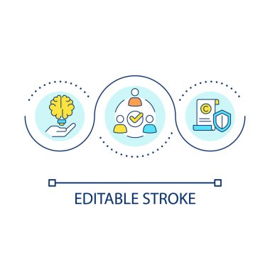 Fikri mülkiyet hakları döngüsü kavramı ikonu. Sosyal bir mesele. Sürdürülebilir gelişim engeli soyut fikir ince çizgi çizimi. İzole bir taslak çizim. Düzenlenebilir felç. Kullanılan Arial yazı tipi