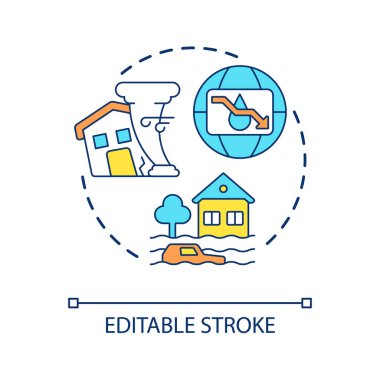 İklim değişikliği konsepti simgesi. Küresel. Çevresel hasar. Sürdürülebilir geliştirme fikri soyut ince çizgi illüstrasyonuna meydan okuyor. İzole bir taslak çizim. Düzenlenebilir felç. Kullanılan Arial yazı tipi