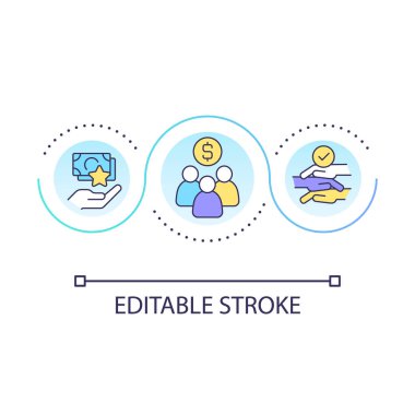 Düşük gelir döngüsü konsepti ikonunda insanlara fayda sağlamak. Adil ekonomi. Ayrıntılı büyüme bileşeni soyut fikir ince çizgi çizimi. İzole bir taslak çizim. Düzenlenebilir felç. Kullanılan Arial yazı tipi