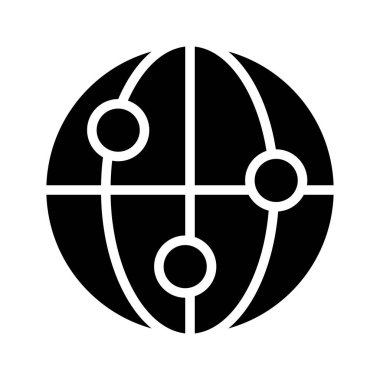 Küresel bağlantı siyah simge simgesi. Dijital dünya ağı. İnternet gibi şeyler. Telekomünikasyon. Teknoloji dünyası. Beyaz uzayda siluet sembolü. Piktogram sağlammış. Vektör izole illüstrasyonu