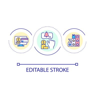 Çevrimiçi bankacılık döngüsü konsepti simgesi. Müşteri sadakat programı. İnternet alışverişi. Kredi kartı yönetiminin soyut fikri ince çizgi çizimi. İzole bir taslak çizim. Düzenlenebilir felç. Kullanılan Arial yazı tipi