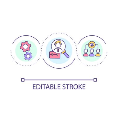 Yetenek döngüsü konsepti simgesi aranıyor. İşe alım süreci. İnsan kaynakları seçimi. Çalışanları bulmak. Kafa avcılığı soyut fikir ince çizgi çizimi. İzole bir taslak çizim. Düzenlenebilir felç. Kullanılan Arial yazı tipi