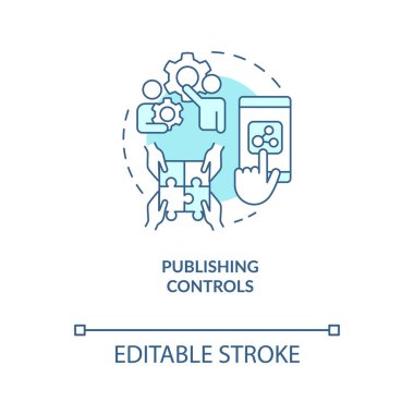 Yayıncılık turkuaz konsept simgesini kontrol eder. İçerik yöneticileri. Sosyal medya fikri soyut ince çizgi çizimi. İzole bir taslak çizim. Düzenlenebilir felç. Arial, Myriad Pro-Kalın yazı tipleri