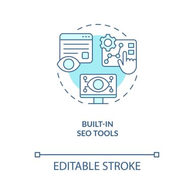 SEO araçları turkuaz konsept simgesi. Web sitesi optimizasyonu. Arama motoru soyut fikir ince çizgi çizimi. İzole bir taslak çizim. Düzenlenebilir felç. Arial, Myriad Pro-Kalın yazı tipleri