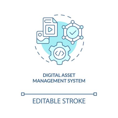 Dijital varlık yönetim sistemi turkuvaz konsept simgesi. Atılgan CMS soyut fikir ince çizgi çizimi. İzole bir taslak çizim. Düzenlenebilir felç. Arial, Myriad Pro-Kalın yazı tipleri