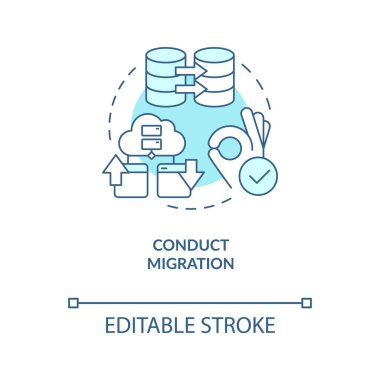 Göç turkuaz konsept simgesi uygula. Web sitesini yeni sunucu soyut fikir ince çizgi çizimine taşı. İzole bir taslak çizim. Düzenlenebilir felç. Arial, Myriad Pro-Kalın yazı tipleri