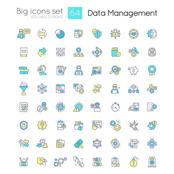stock vector Data management RGB color icons set. Information governance. Database system. Isolated vector illustrations. Simple filled line drawings collection. Editable stroke. Quicksand-Light font used