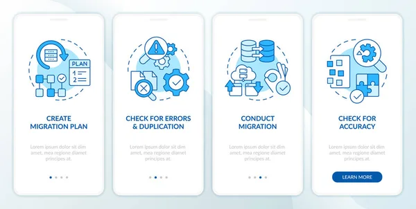 stock vector Perform CMS data transfer blue onboarding mobile app screen. Walkthrough 4 steps editable graphic instructions with linear concepts. UI, UX, GUI template. Myriad Pro-Bold, Regular fonts used