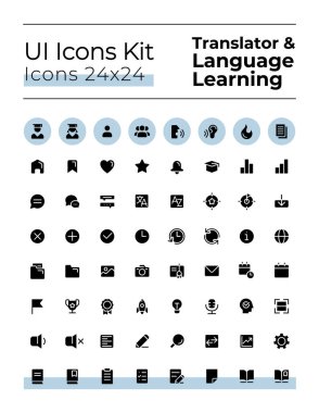 Çevirmen siyah glyph ui simgeleri ayarlandı. Dil öğrenme. Beyaz uzayda siluet sembolleri. Ağ ve cep telefonu için sağlam resimler. İzole vektör çizimleri. Montserrat Kalın, Hafif yazı tipleri kullanıldı