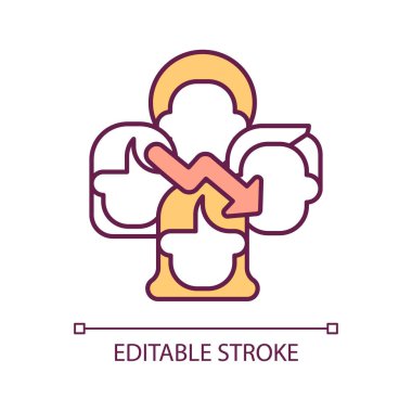 RGB renk simgesini düşüren yaşam standartları. Ekonomik ve sosyal gelişim. Nüfus azalıyor. İzole vektör çizimi. Basit bir çizgi çizimi. Düzenlenebilir felç. Kullanılan Arial yazı tipi