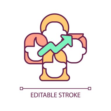 Sosyal gelişim RGB renk simgesi. Kapsamlı büyüme. Eşitliği arttır. İnsan kaynakları yönetimi. İzole vektör çizimi. Basit bir çizgi çizimi. Düzenlenebilir felç. Kullanılan Arial yazı tipi