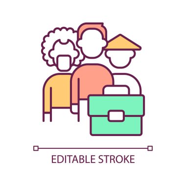 İş yerindeki RGB renk simgesinde çeşitlilik. Özel ofis ortamı. Ayrımcılık yok. Eşit fırsatlar. İzole vektör çizimi. Basit bir çizgi çizimi. Düzenlenebilir felç. Kullanılan Arial yazı tipi