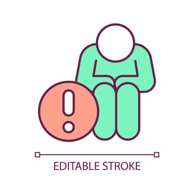 Hatalı kişi RGB renk simgesi. Ayrımcılık sorunu. Aile içi şiddet. Güvensizlik hissi. İzole vektör çizimi. Basit bir çizgi çizimi. Düzenlenebilir felç. Kullanılan Arial yazı tipi