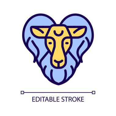 Ram baş pikseli mükemmel RGB renk simgesi. Koç burcu hayvanı. Batı astrolojisinin burcu. Erkek koyun. İzole vektör çizimi. Basit bir çizgi çizimi. Düzenlenebilir felç. Kullanılan Arial yazı tipi