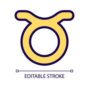 Boğa pikseli mükemmel RGB renk simgesi. Dünya yıldızı işareti. Modern zodyak sisteminin elementi. Astrolojide boğa. İzole vektör çizimi. Basit bir çizgi çizimi. Düzenlenebilir felç. Kullanılan Arial yazı tipi