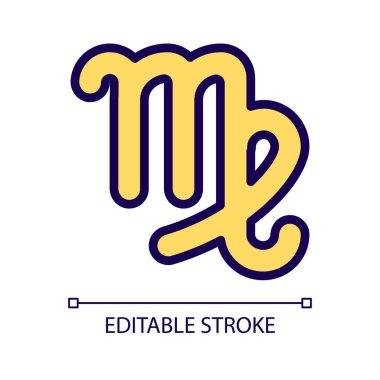 Başak pikseli mükemmel RGB renk simgesi. Zodyak takımyıldızının işareti. Astrolojik bakire. Kişilik tipi. İzole vektör çizimi. Basit bir çizgi çizimi. Düzenlenebilir felç. Kullanılan Arial yazı tipi
