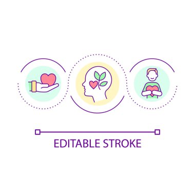 Kişisel bakım döngüsü konsepti simgesi. Sevgiyi paylaş. Akıl sağlığı. Kendini sev. Kişisel ahenk soyut fikir ince çizgi çizimi. İzole bir taslak çizim. Düzenlenebilir felç. Kullanılan Arial yazı tipi