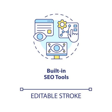 SEO araçları konsept simgesi. Web sitesi optimizasyonu. CMS özellikleri. Arama motoru soyut fikir ince çizgi çizimi. İzole bir taslak çizim. Düzenlenebilir felç. Arial, Myriad Pro-Kalın yazı tipleri