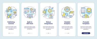 İçerik yönetim sistemi mobil uygulama ekranında görünüyor. Doğrusal kavramlarla düzenlenebilir grafik yönergelerini 5 adımda gezdir. UI, UX, GUI şablonu. Kullanılan sayısız Pro-Kalın, Düzenli yazı tipleri