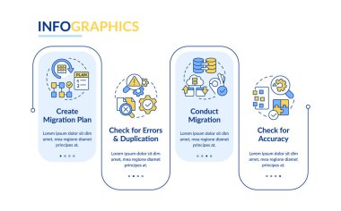 Web sitesi veri transferi dikdörtgen bilgi şablonu. CMS 'i değiştir. Veri görselleştirmesi 4 adımda. Düzenlenebilir zaman çizelgesi. Satır simgeleriyle çalışma akışı düzeni. Lato Kalın, kullanılan düzenli yazı tipleri