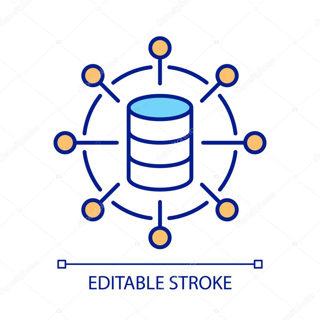Database network RGB color icon. Cloud computing. Data center. Massive information. Wireless connection. Isolated vector illustration. Simple filled line drawing. Editable stroke. Arial font used