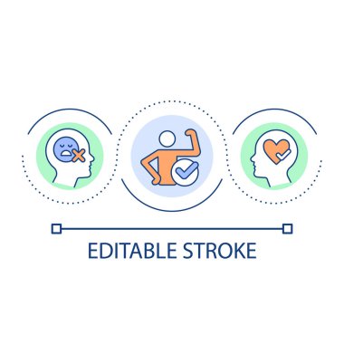 Sessizlik iç eleştiri döngüsü konsepti ikonu. Sahtekar sendromunun üstesinden gel. Özgüveni artırmak soyut fikir ince çizgi çizimi. İzole bir taslak çizim. Düzenlenebilir felç. Kullanılan Arial yazı tipi