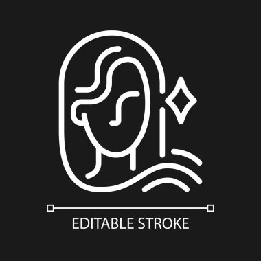 Koyu renk tema için mükemmel beyaz piksel çizgili simge. Astrolojik işaret. Batı zodyak sistemi. Kadın güzelliği. İnce çizgili çizim. Gece modu için izole edilmiş sembol. Düzenlenebilir felç. Kullanılan Arial yazı tipi