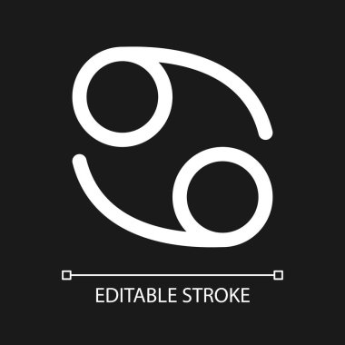 Kanser pikseli koyu tema için mükemmel minimalist beyaz doğrusal simge. Zodiac işareti yengeci. Astrolojik kişilik. İnce çizgili çizim. Gece modu için izole edilmiş sembol. Düzenlenebilir felç. Kullanılan Arial yazı tipi