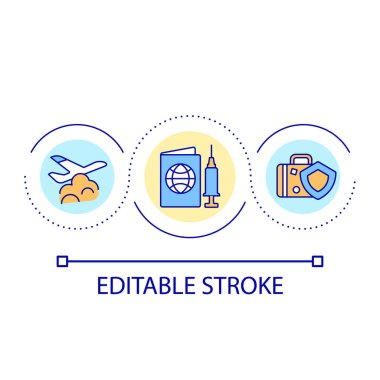 Uluslararası aşı pasaport döngüsü konsepti simgesi. Seyahat güvenliği tavsiyesi. Yurt dışına taşınmak soyut fikir ince çizgi çizimi gerektiriyor. İzole bir taslak çizim. Düzenlenebilir felç. Kullanılan Arial yazı tipi