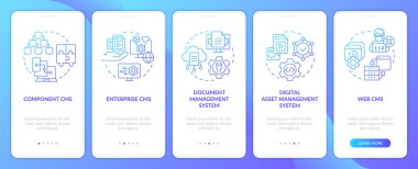 CMS, mobil uygulama ekranında mavi gradyan yazıyor. Dijital platformlar, doğrusal kavramlarla birlikte 5 basamaklı grafik yönergeleriyle yürür. UI, UX, GUI şablonu. Kullanılan sayısız Pro-Kalın, Düzenli yazı tipleri